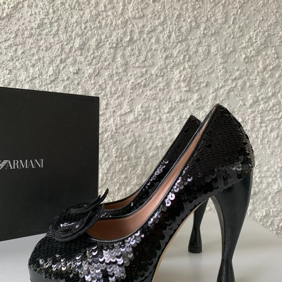 EMPORIO ARMANI Pumps - US 6 (EU Size 36) Black Peep-Toes Sculptural Heels - Picture 2 of 8